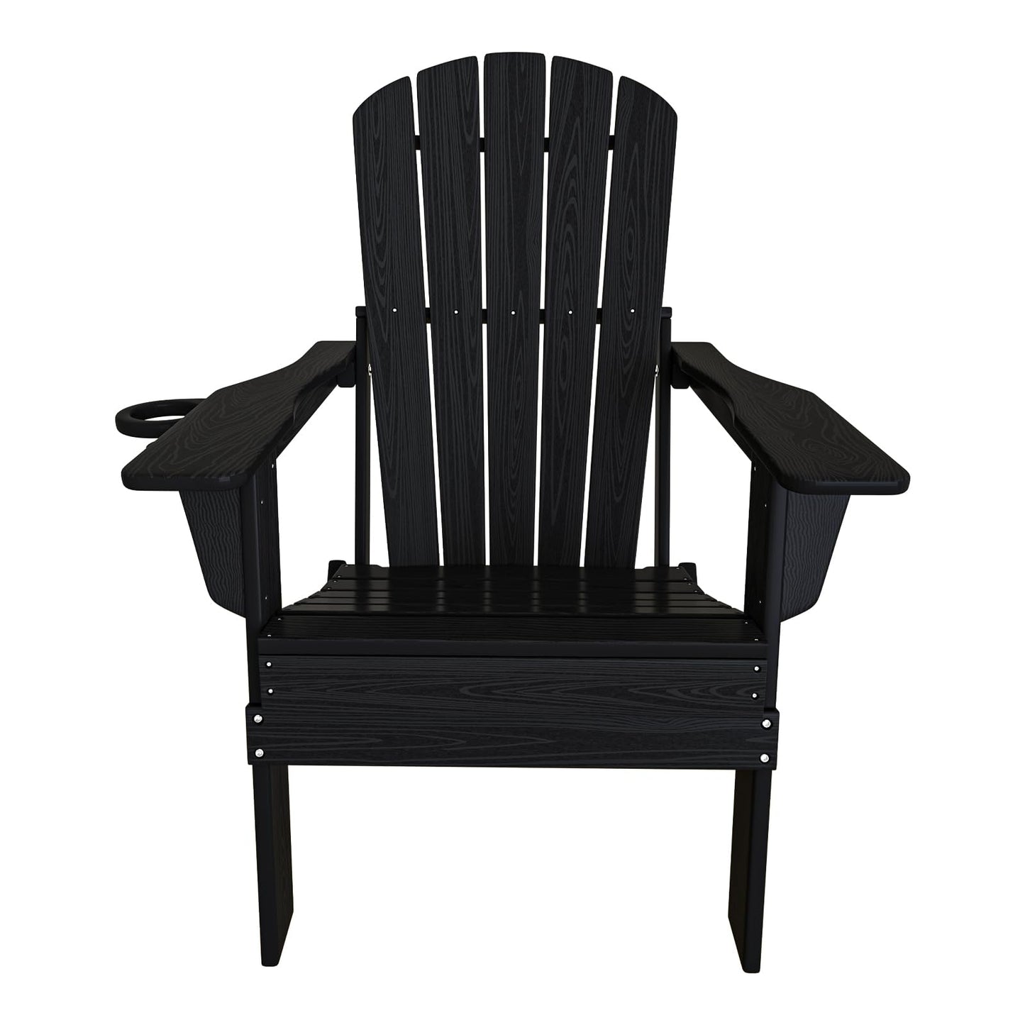 Plawdlik Folding Adirondack Chair, SGS Tested, Wooden Textured with Cup Holder, Heavy All-Weather HDPE Comfortable Set Poolside Backyard Lawn Black