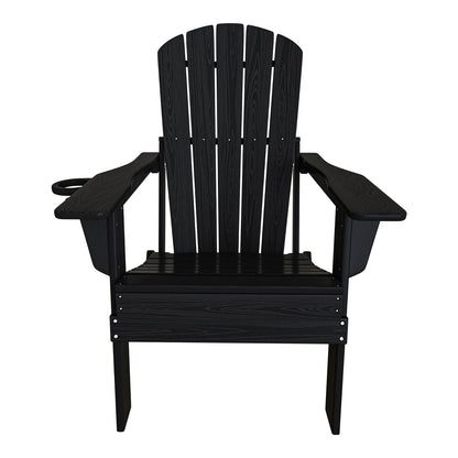 Plawdlik Folding Adirondack Chair, SGS Tested, Wooden Textured with Cup Holder, Heavy All-Weather HDPE Comfortable Set Poolside Backyard Lawn Black
