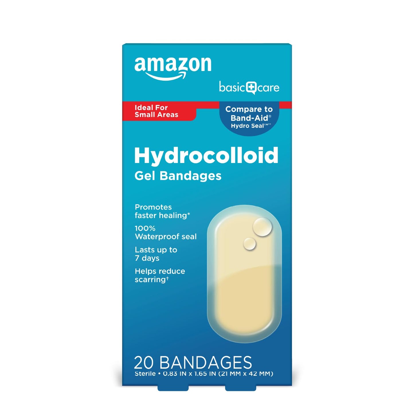 Amazon Basic Care Advanced Fast Healing Hydrocolloid Gel Bandages, 0.83 x 1.65 inches Adhesive Pads (20 Count)