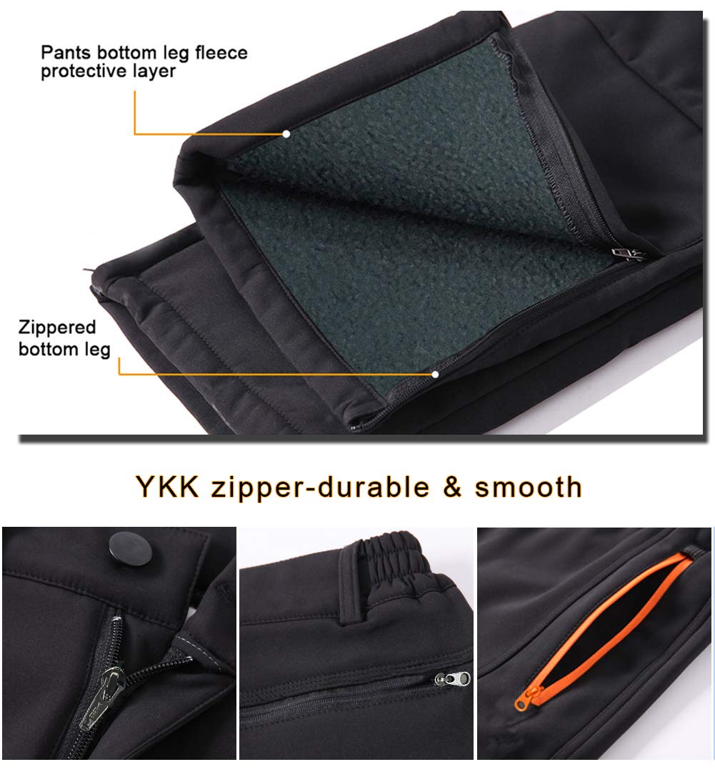 Gash Hao Mens Snow Ski Waterproof Softshell Snowboard Pants Outdoor Hiking Fleece Lined Zipper Bottom Leg (180Black, 30W X 32L)