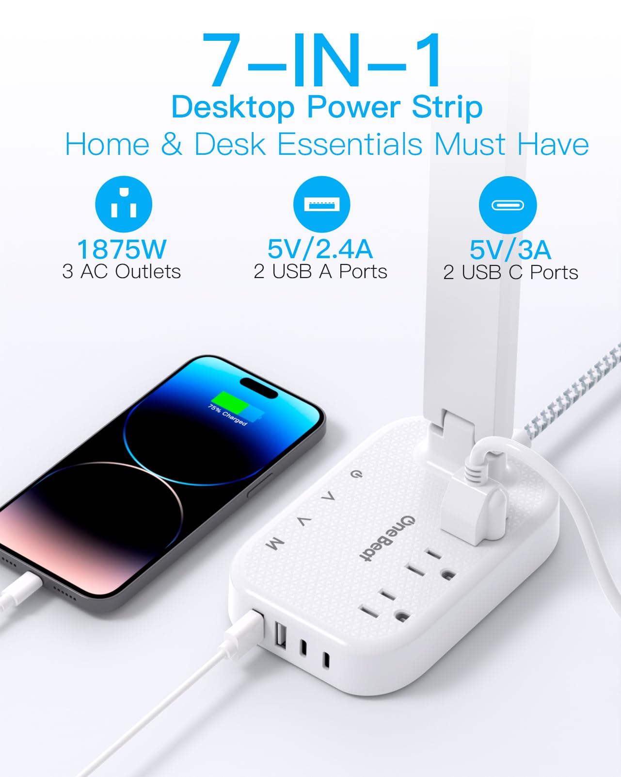 Power Strip with LED Desk Lamp, 3 Outlets 4 USB Ports(2 USBC) 4 Modes 5 Level Touch Lamp Small Desk Lamp for Home Office Bedroom Bedside, Study Reading Light, 5ft Extension Cord, Dorm Room Essentials