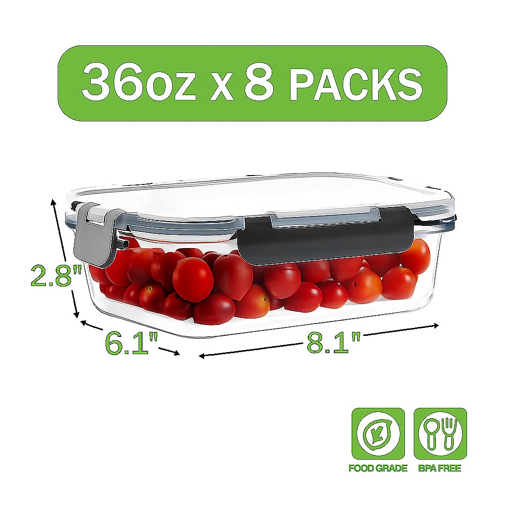8 Pack 36oz Large Glass Meal Prep Containers with lids, Glass Food Storage Containers with Leak Proof Snap Lock Lids , Airtight Bento lunch Boxes, Kitchen Storage, Oven, Freezer and Dishwasher Safe