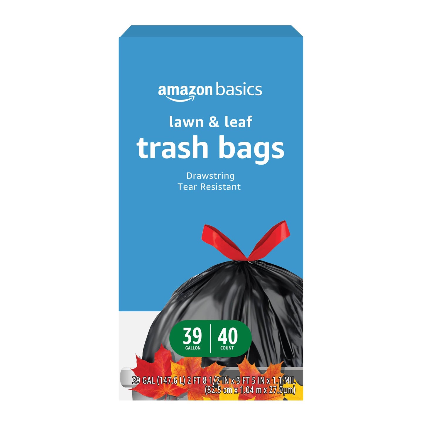 Amazon Basics Lawn & Leaf Drawstring Trash Bags, Unscented, 39 Gallon, 40 Count