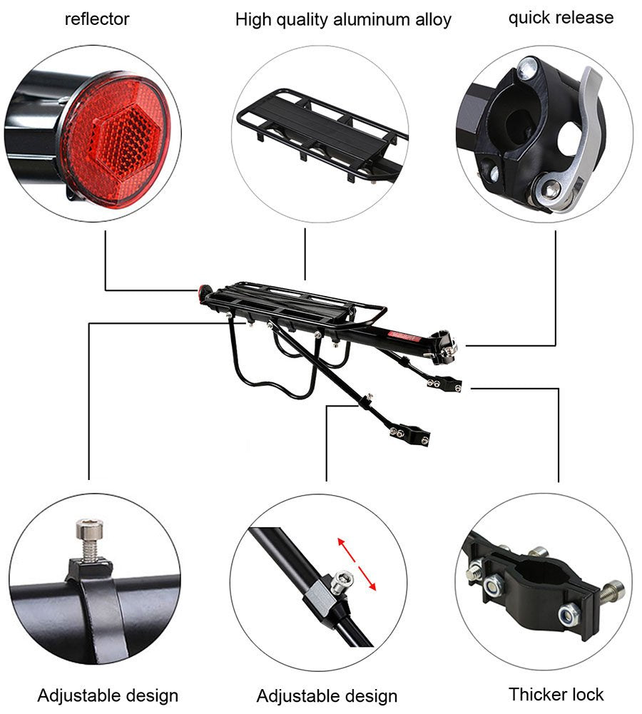 DIRZA Rear Bike Rack Bicycle Cargo Rack Quick Release Adjustable Alloy Bicycle Carrier 115 lbs Capacity Easy to Install Black