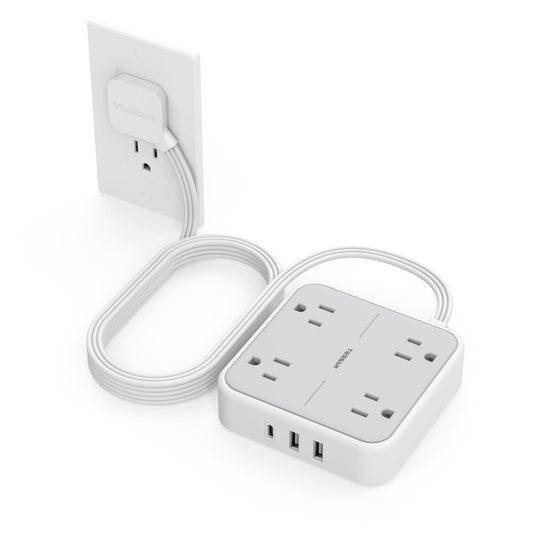 Extension Cord 10 ft, TESSAN Surge Protector Power Strip Long Cord with 3 USB(1 USB C) 4 Outlets, 900 Joules Protection, Small Desktop Multiple Charging Station for Home School Dorm Room Office, Grey