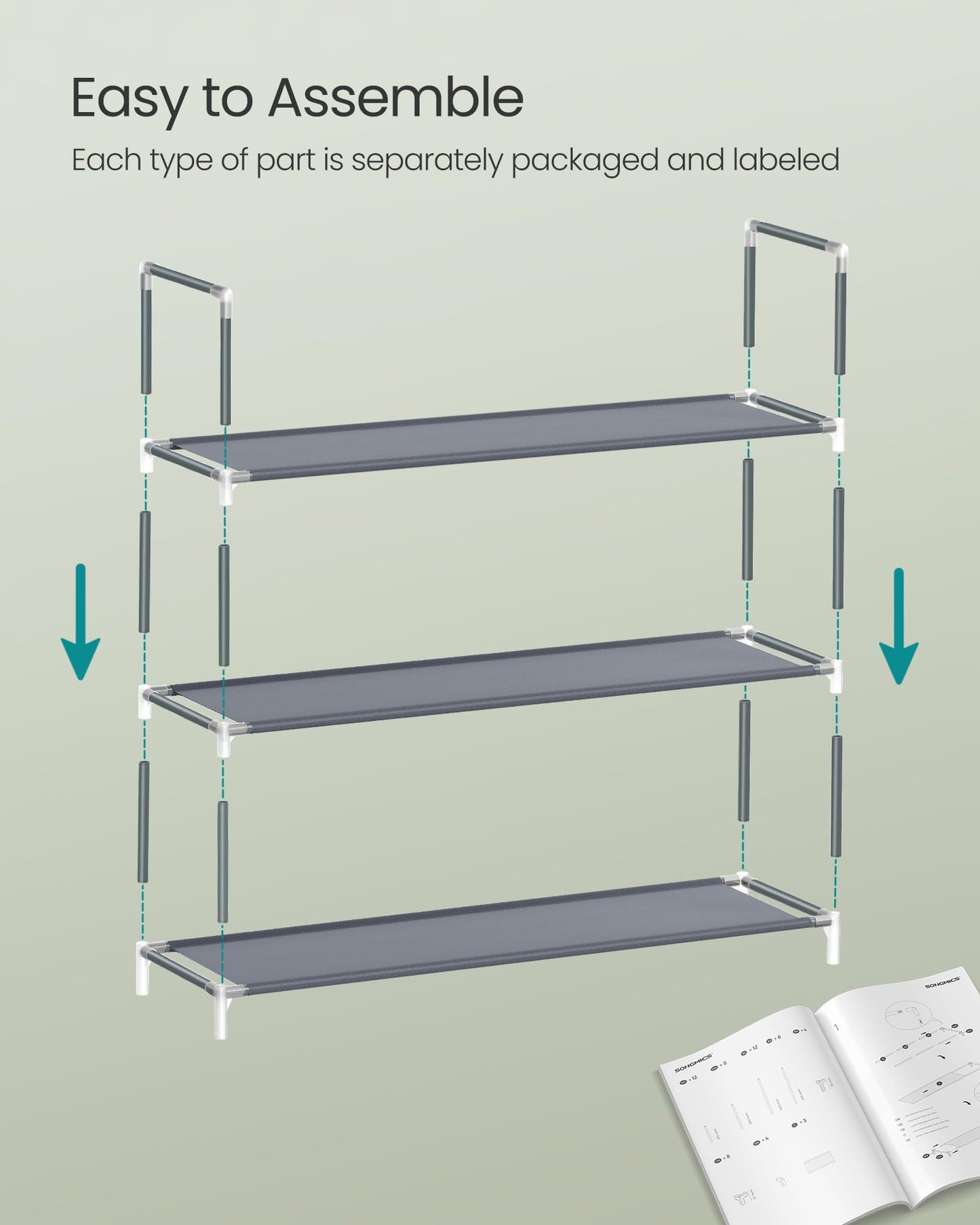 SONGMICS 3-Tier Shoe Rack, Shoe Storage for Hallway Closet, Slim and Space-Saving, Metal Frame, Non-Woven Fabric Shelves, Grey ULSH053G01V1
