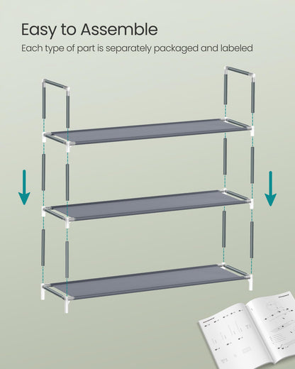 SONGMICS 3-Tier Shoe Rack, Shoe Storage for Hallway Closet, Slim and Space-Saving, Metal Frame, Non-Woven Fabric Shelves, Grey ULSH053G01V1