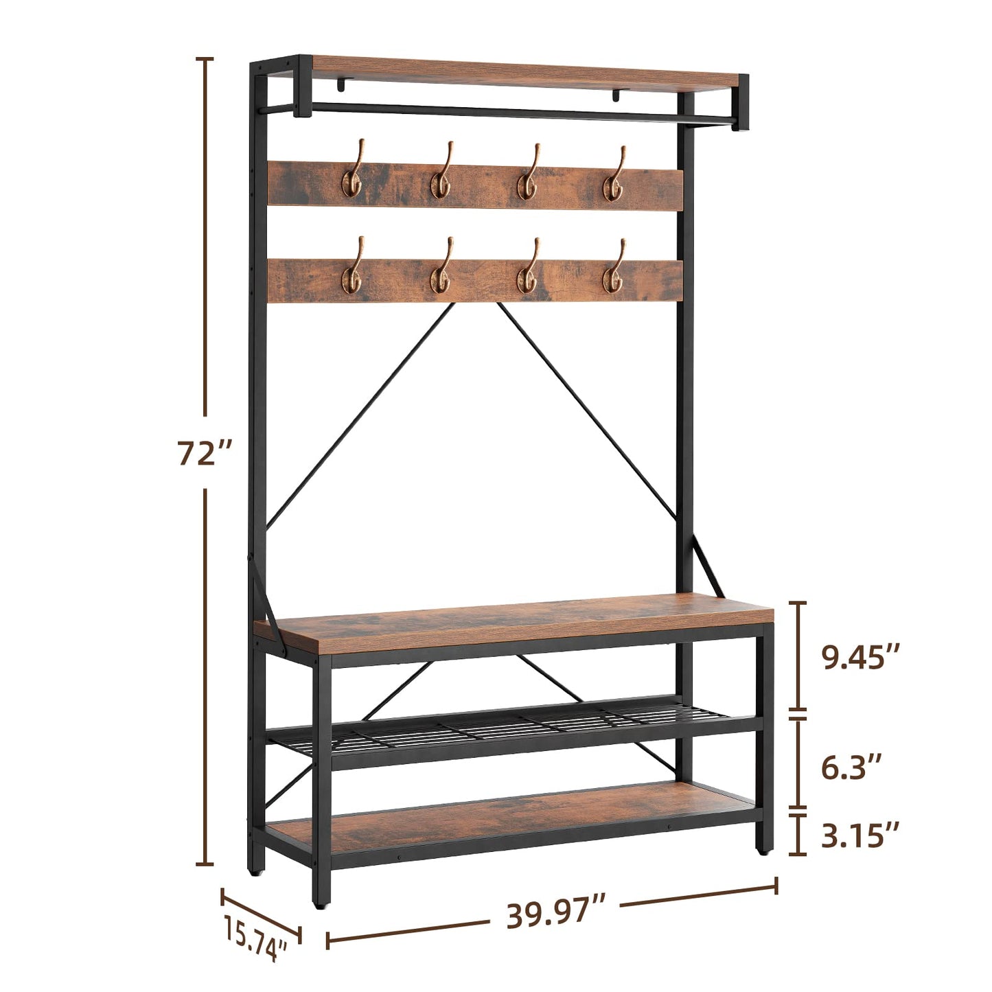 IDEALHOUSE Coat Rack Shoe Bench Industrial Hall Tree Storage Bench for Entryway, Wood Look Accent Large Shoe Rack with Storage Shelf Hanging Bar,8 Hooks Rustic Brown 39.9"x15.7"x72"