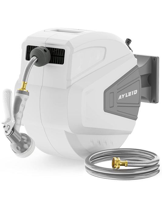 Ayleid Retractable Garden Hose Reel,1/2 in x 100 ft Wall Mounted Hose Reel, with 9- Function Sprayer Nozzle, Any Length Lock/Slow Return System/Wall Mounted/180°Swivel Bracket (Grey)