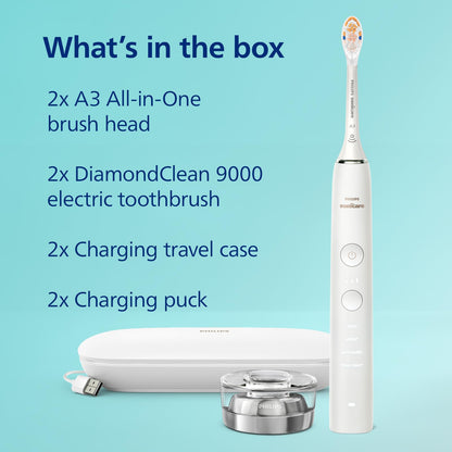 Philips Sonicare DiamondClean Connected Electric Toothbrush 2 Pack, x2 Sonic Toothbrushes, x2 Charging Travel Cases, x2 A3 Brush Heads, 12 Brushing Settings, (Black and Rose Gold) Model HX9912/71