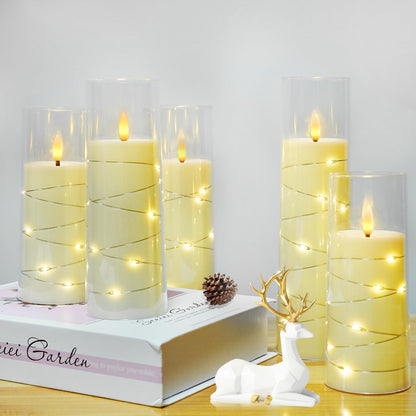 kakoya Flameless LED Candles with Timer 5 Pc Flickering Flameless Candles for Romantic Ambiance and Home Decoration Stable Acrylic Shell,with Embedded Star String，Battery Operated Candles（Ivory）