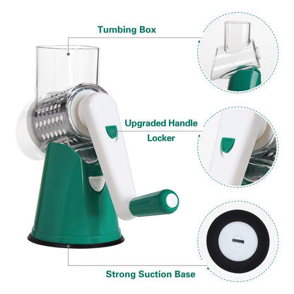 Cambom Rotary Cheese Grater Hand Crank Cheese Shredder for Fresh Cheese, Vegetable, Nuts,Non-slip Suction Base, Free Cleaning Brush Three Blades, Deep Green