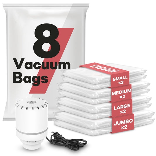 VMstr Travel Vacuum Storage Bags with Electric Pump, 8 Combo Vacuum Sealed Bags for Clothes and Clothing, Space Saver Bags and Luggage Packing Compression.