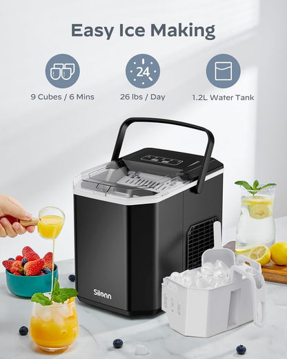 Silonn Ice Maker Countertop, Portable Ice Machine with Carry Handle, Self-Cleaning Ice Makers with Basket and Scoop, 9 Cubes in 6 Mins, 26 lbs per Day, Ideal for Home, Kitchen, Camping, RV