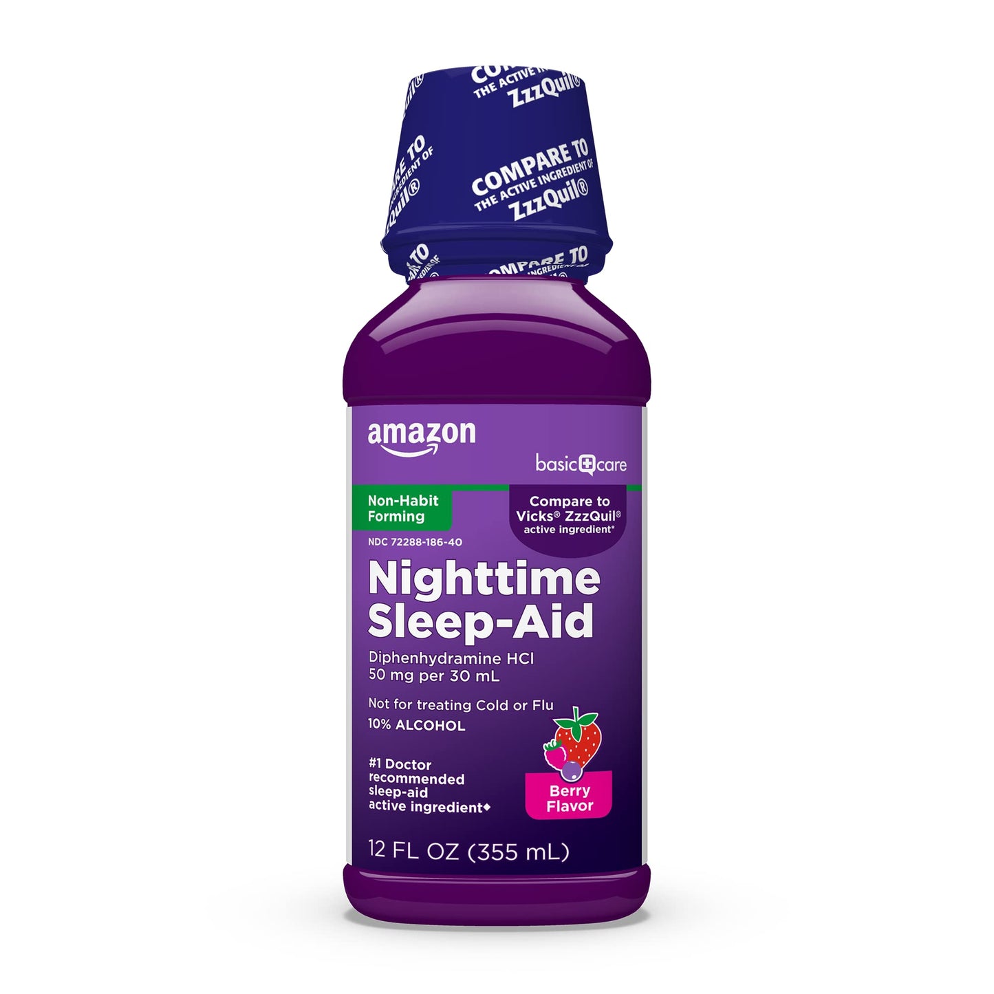Amazon Basic Care Night Time Sleep-Aid Liquid for Adults, Diphenhydramine HCl 50 mg, Mixed Berry Flavor, Packaging May Vary, 12 fl oz (Pack of 1)