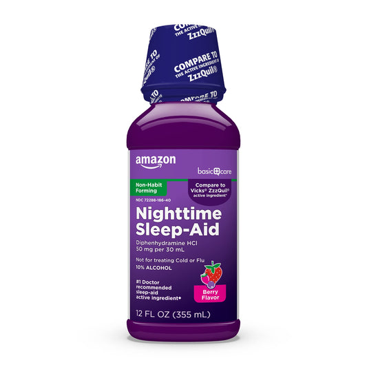 Amazon Basic Care Night Time Sleep-Aid Liquid for Adults, Diphenhydramine HCl 50 mg, Mixed Berry Flavor, Packaging May Vary, 12 fl oz (Pack of 1)