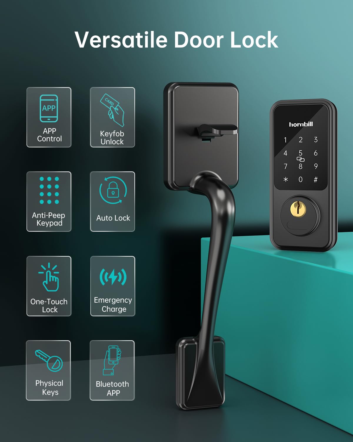 Keyless Entry Door Lock with Handle, Hornbill Smart Front Door Lock Set, Electronic Keypad Deadbolt Lock, Alexa Front Door Handle Set, Digital Lock via Bluetooth APP/Keyfob/Auto Lock-Matte Black