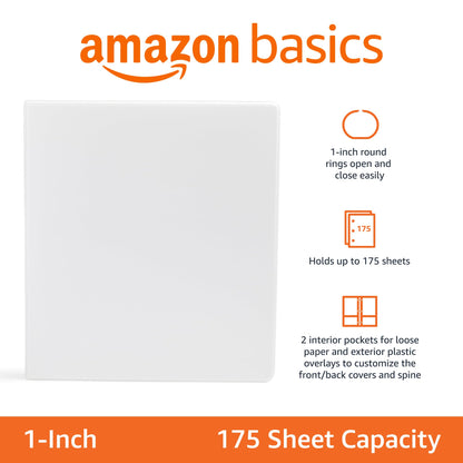 Amazon Basics 3-Ring Binder, 1-Inch - White, 4-Pack