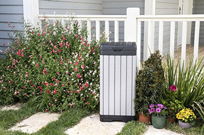 Keter Rockford Resin 38 Gallon Outdoor Kitchen Trash Can with Lid and Drip Tray for Easy Cleaning-Perfect for Patio Dining, Grey