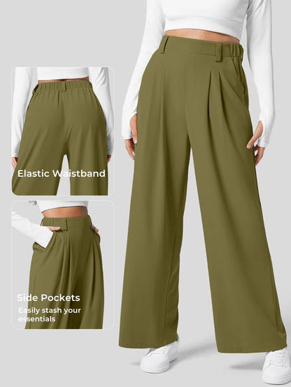 EVALESS Women's Wide Leg Pants with Pockets High Waisted Office Business Casual Dressy Plain Comfy Waffle Knit Lounge Pants for Ladies Olive Green Large