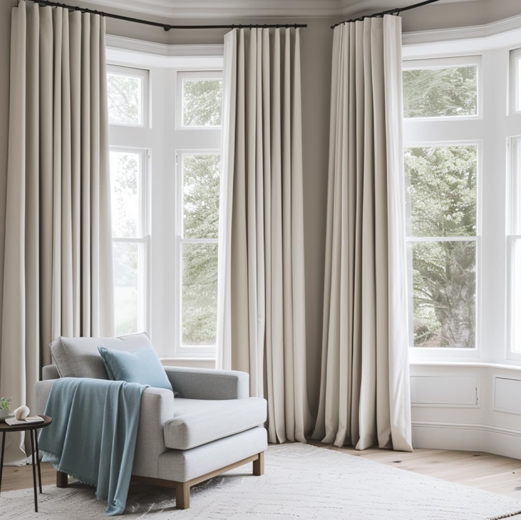 INOVADAY 100% Blackout Curtains for Bedroom 84 Inches Long, Clip Rings/Rod Pocket Linen Black Out Cute Curtains 2 Panels Set Thermal Insulated Curtains & Drapes for Living Room - Beige W50 x L84