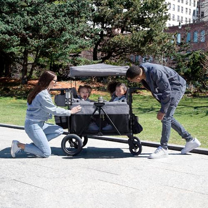 Jeep Wrangler Deluxe 4 Seater Stroller Wagon by Delta Children - Premium Quad Stroller Wagon for 4 Kids with Convertible Seats, Adjustable Push/Pull Handles, Removable Canopy & Flat Fold, Grey