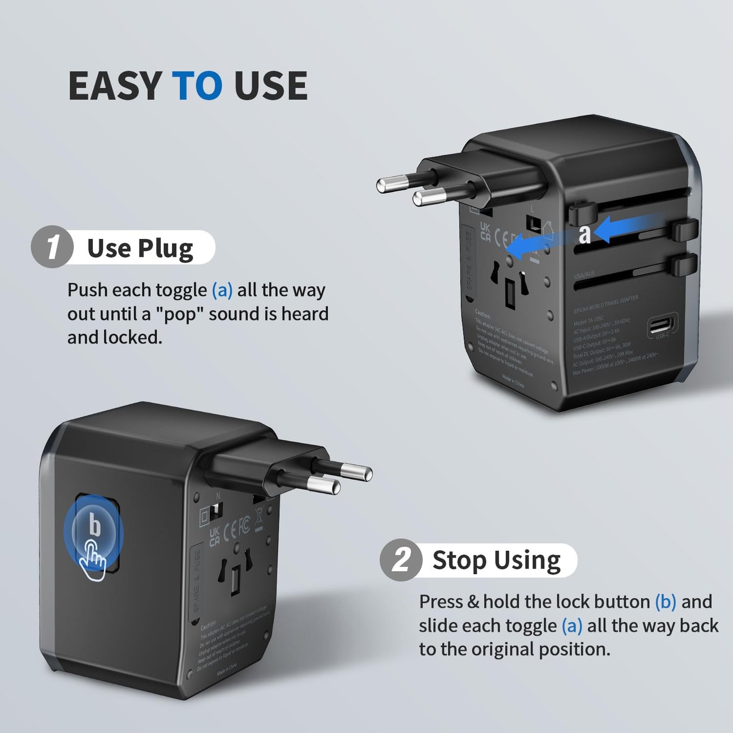 EPICKA Universal Travel Adapter, International Power Plug Adapter with 3 USB-C and 2 USB-A Ports, All-in-One Worldwide Wall Charger for USA EU UK AUS (TA-105C, Black)