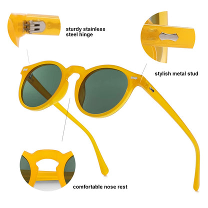 Gleyemor Vintage Polarized Sunglasses for Men UV400 Protection Retro Round Sunglasses Hand-crafted Acetate Frame (Yellow Frame/Green Lens)