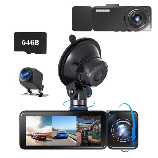 3 Channel Dash Cam Front and Rear Inside,2560x1440P Front Dash Cam,Free 64G SD Card,3.18" IPS Large Screen Dash Camera for Cars,IR Night Vision, Interior Car Camera 24/7 Driving Recording(Black