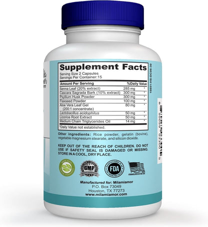 Mila Miamor 15 Day Cleanse - Gut and Colon Support - Advanced Gut Cleanse Detox for Women & Men with Senna, Cascara Sagrada & Psyllium Husk - Non-GMO - Made in USA - 30 Capsules