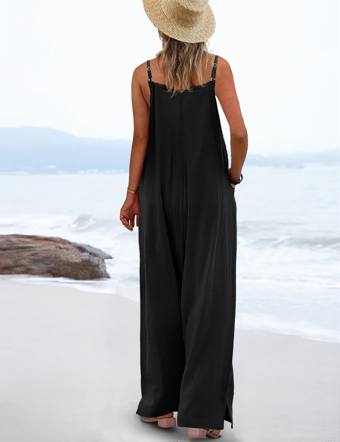 YESNO Women's Summer Boho Casual Jumpsuits Wide Leg Overalls Floral Print Baggy Rompers with Pocket S PZZCR Solid Black