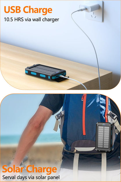 Power Bank 36800mAh Solar Portable Charger with USB-C 5V/2.4A Fast Charging Compatible with iPhone, with 2 LED Flashlights and IPX5 Waterproof External Backup Battery Pack Perfect for Camping, Hiking