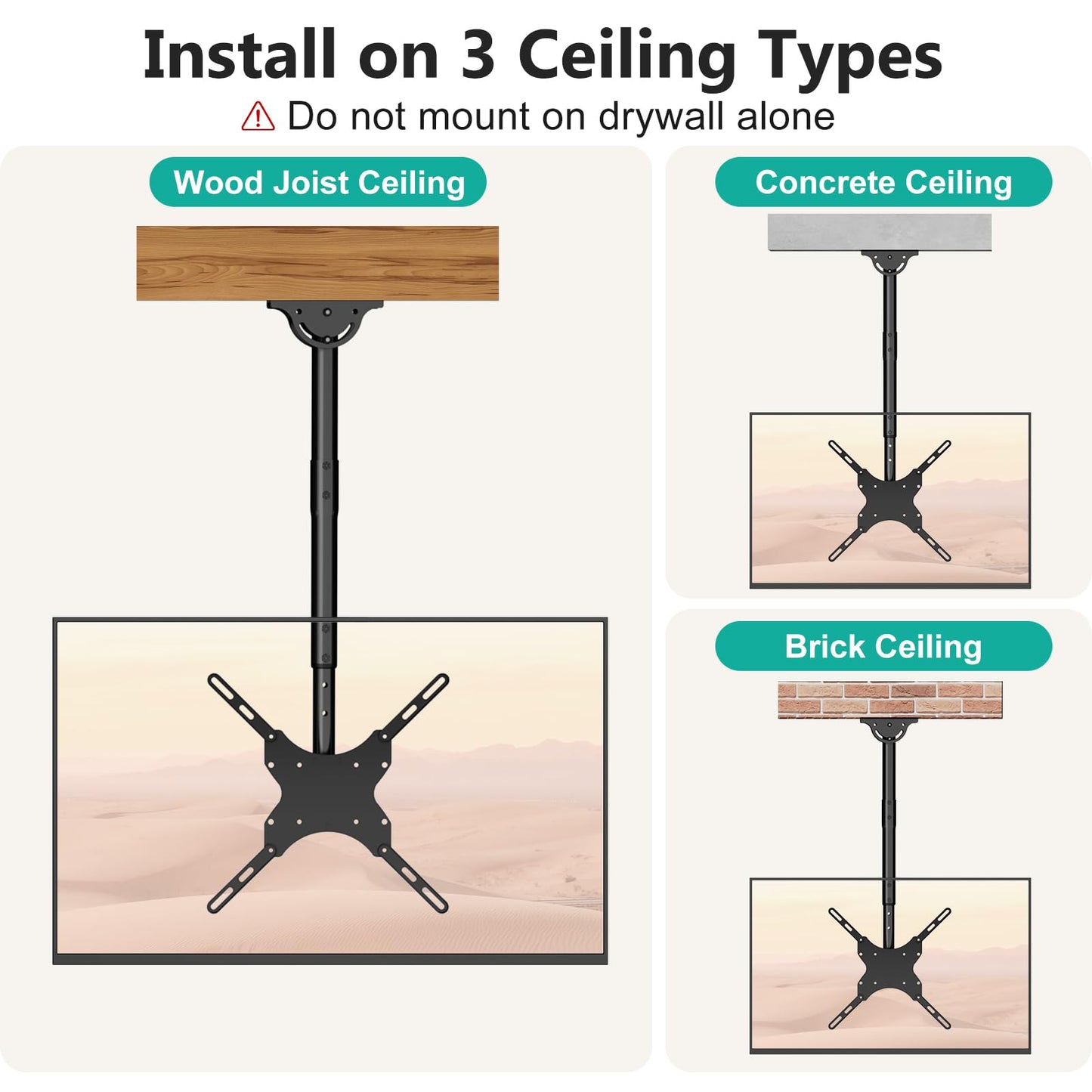 WALI TV Ceiling Mount Adjustable Bracket Fits Most LED, LCD, OLED and Plasma Flat Screen Display 26 to 65 Inch, up to 110 Lbs, Mounting Holes 400x400mm (CM2665), Black