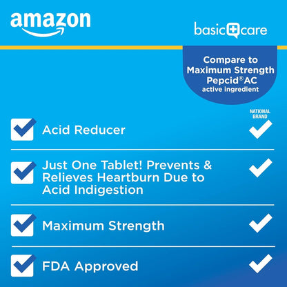 Amazon Basic Care Maximum Strength Famotidine Tablets 20 mg, Acid Reducer Pills for Heartburn Relief, 200 Count (Packaging may vary)