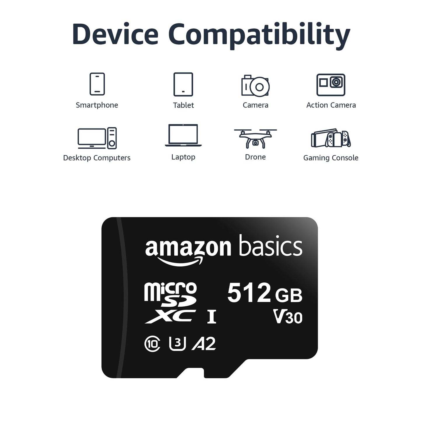 Amazon Basics Micro SDXC Memory Card with Full Size Adapter, A2, U3, Read Speed up to 100 MB/s, 512 GB, Black