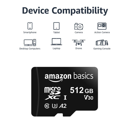 Amazon Basics Micro SDXC Memory Card with Full Size Adapter, A2, U3, Read Speed up to 100 MB/s, 512 GB, Black