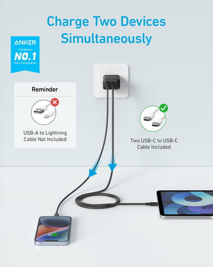 Anker iPhone 16 Charger, USB C Charger Block, 2-Pack 20W Fast Wall Charger for 16/16 Pro/Pro Max / iPad Pro and More, with 2 Pack 5 ft USB-C Cable