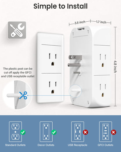 Wall Outlet Extender with Shelf and Night Light,Surge Protector,USB Wall Charger with 5 AC Outlets and 3 USB Ports 1 USB C Outlet Wide Space 3-Sided Power Strip Multi Plug Outlets…