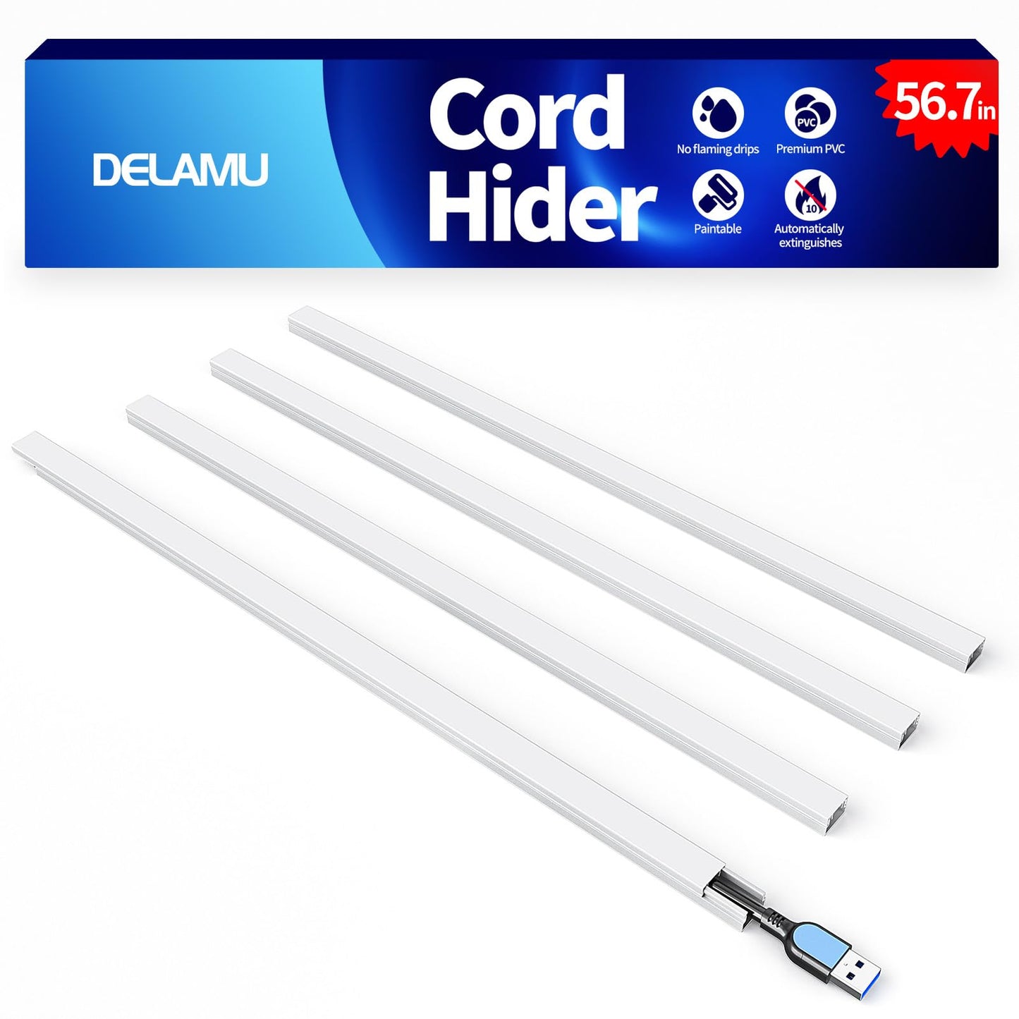 Delamu 56.7in Cord Hider, Cord Covers for Mini Wire on Wall, Paintable Cable Hider Wire Covers for Cords, Self-Adhesive Cable Cover Management, Easy Set-up Wires Hiders for TV, W0.55 H0.4in, White