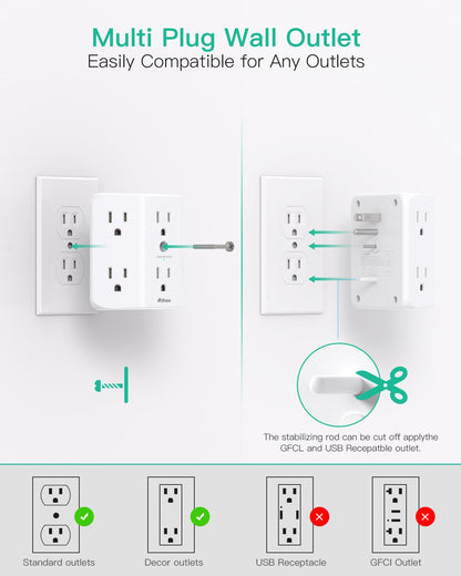 2 Pack Surge Protector Outlet, Outlet Splitter, Multi Plug Wall Outlet with 6 Wall Outlets, Outlet Adapter, Plug Extender, Outlet Extender for Home Office Dorm Room