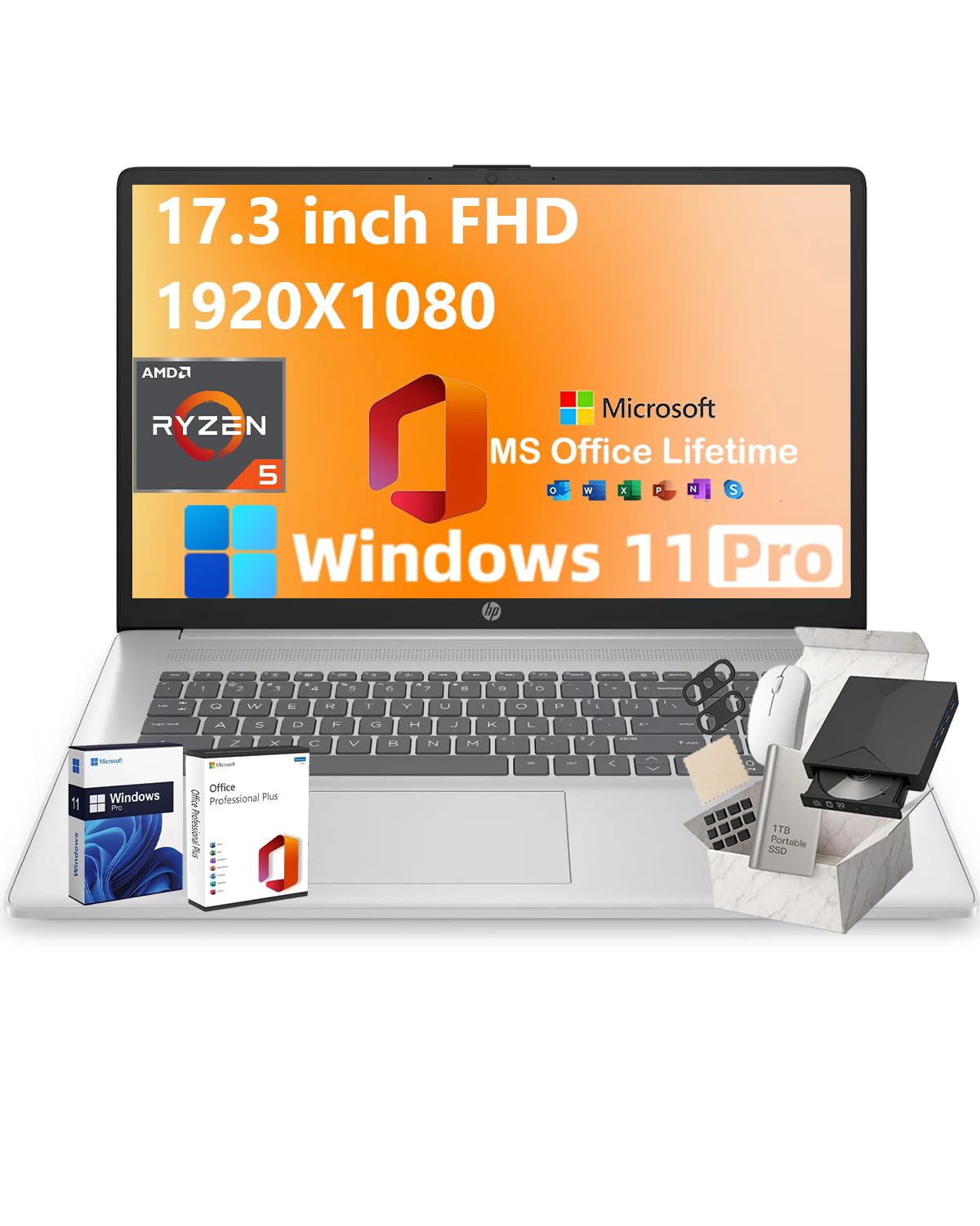 HP 17.3" FHD Laptop for Business & Students - w/External DVD Drive & Office Lifetime License, AMD Ryzen 5 7430U CPU, 250 Nits IPS Display, Webcam, Wifi6, Win 11 Pro (64GB RAM 2TB SSD)