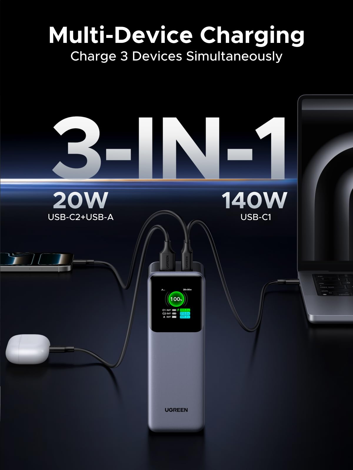 UGREEN Nexode Power Bank 25000mAh 200W Laptop Portable Charger PD 3.1 Fast Charging 90Wh 3-Port Battery Pack with TFT Smart Display for MacBook Pro/Air/ipad/iPhone 17/16/Samsung S24/Dell/HP and More