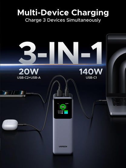 UGREEN Nexode Power Bank 25000mAh 200W Laptop Portable Charger PD 3.1 Fast Charging 90Wh 3-Port Battery Pack with TFT Smart Display for MacBook Pro/Air/ipad/iPhone 17/16/Samsung S24/Dell/HP and More