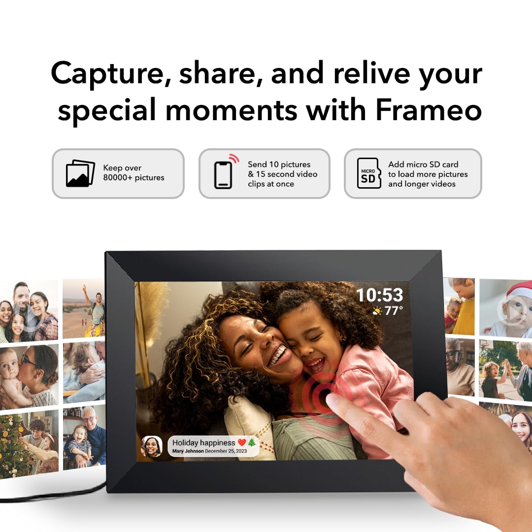 Frameo 10.1 Inch WiFi Digital Picture Frame with 32GB Storage,1280 * 800P IPS HD Touch Screen,Send Photos/Videos from Your Phone Anywhere, Photo Gifts for Parents and Grandparents