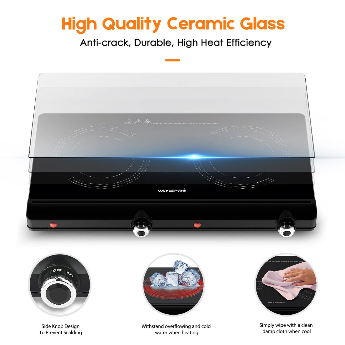 Infrared Double Burner Electric Cooktop - 1800W Portable Stove, Heat-up In Seconds, Countertop Cooktop for Dorm, Compatible with All Cookware