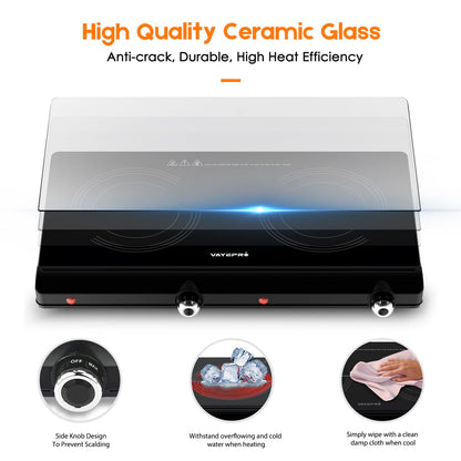 Infrared Double Burner Electric Cooktop - 1800W Portable Stove, Heat-up In Seconds, Countertop Cooktop for Dorm, Compatible with All Cookware