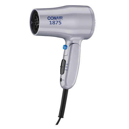 Conair Compact Hair Dryer with Folding Handle, 1875W Travel Blow Dryer with Diffuser and Concentrator Attachments, 2 Heat & 2 Speed Settings, Dual Voltage, Grey