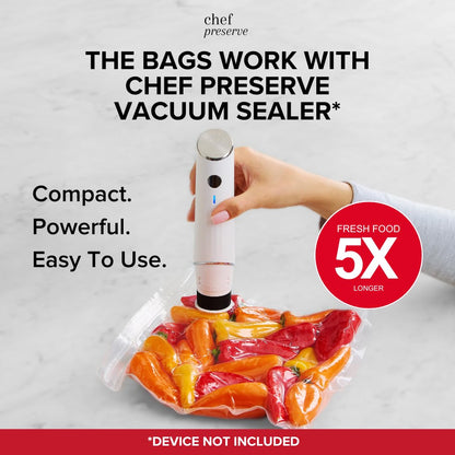 Chef Preserve Reusable Vacuum Sealer Bags for Food – 30 BPA-Free Large (12 x 13 in) Food Storage Bags, Freezer, Microwave – Odor-Resistant, Leak-Proof – Compatible with Chef Preserve Vacuum Sealers