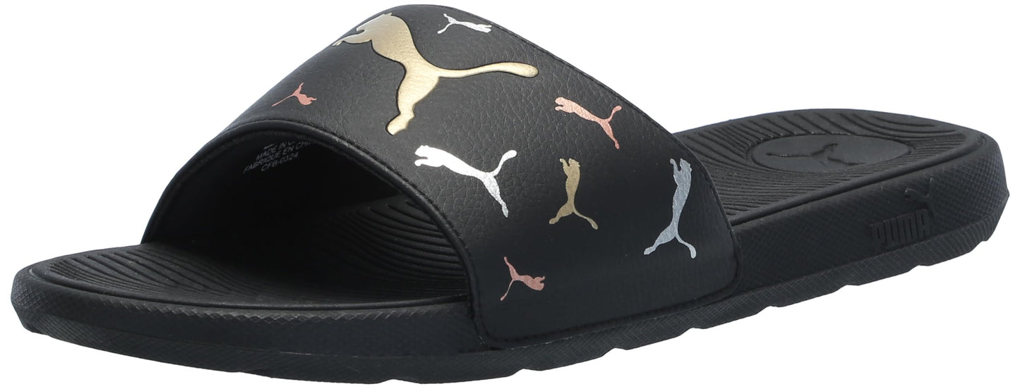 PUMA Women's Cool Cat 2.0 Slide Sandal, TOSS Black-Metallic Gold Silver, 8