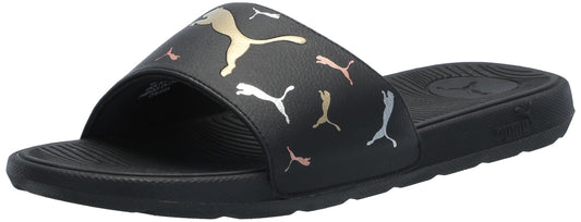 PUMA Women's Cool Cat 2.0 Slide Sandal, TOSS Black-Metallic Gold Silver, 8